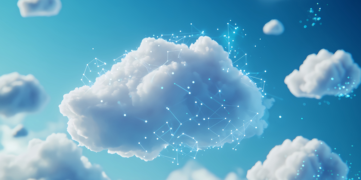Blue sky with a white cloud with data points and connections overlayed